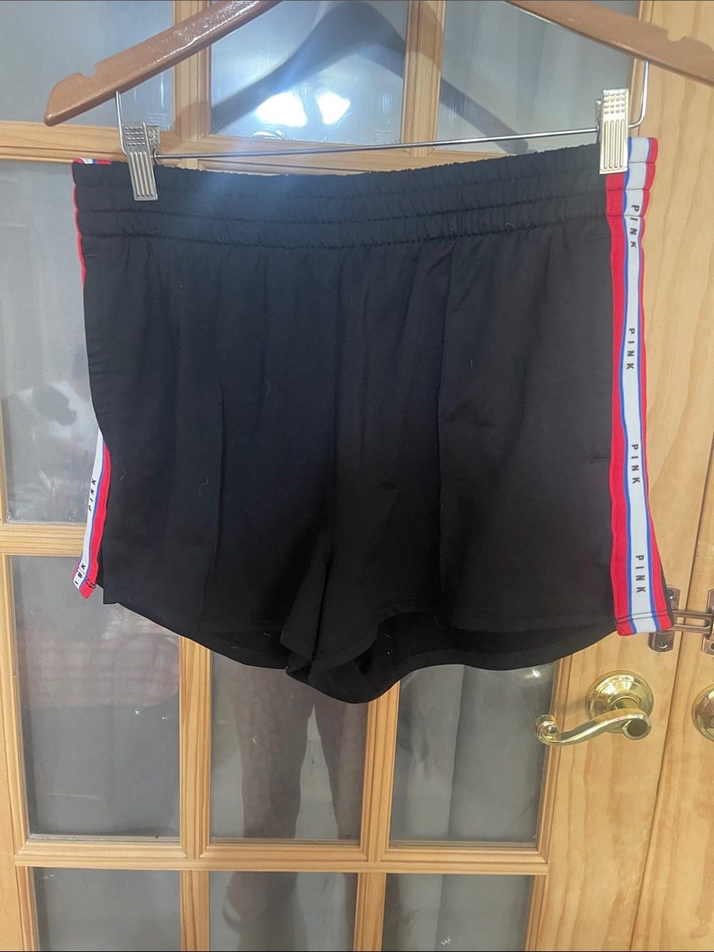 142. PINK Victoria's Secret Black Athletic Shorts with Red & Blue Trim